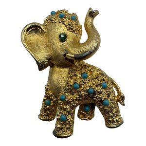 Vintage Gold-Tone‎ Elephant Brooch with Turquoise Accents – 1.5”